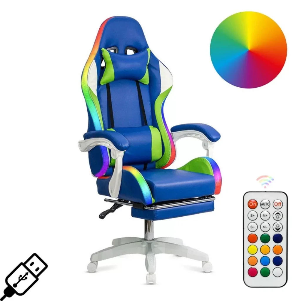 Scaun Gaming cu Lumini LED Albastru DHO 298 Extensibil, Telecomanda, Suport picioare